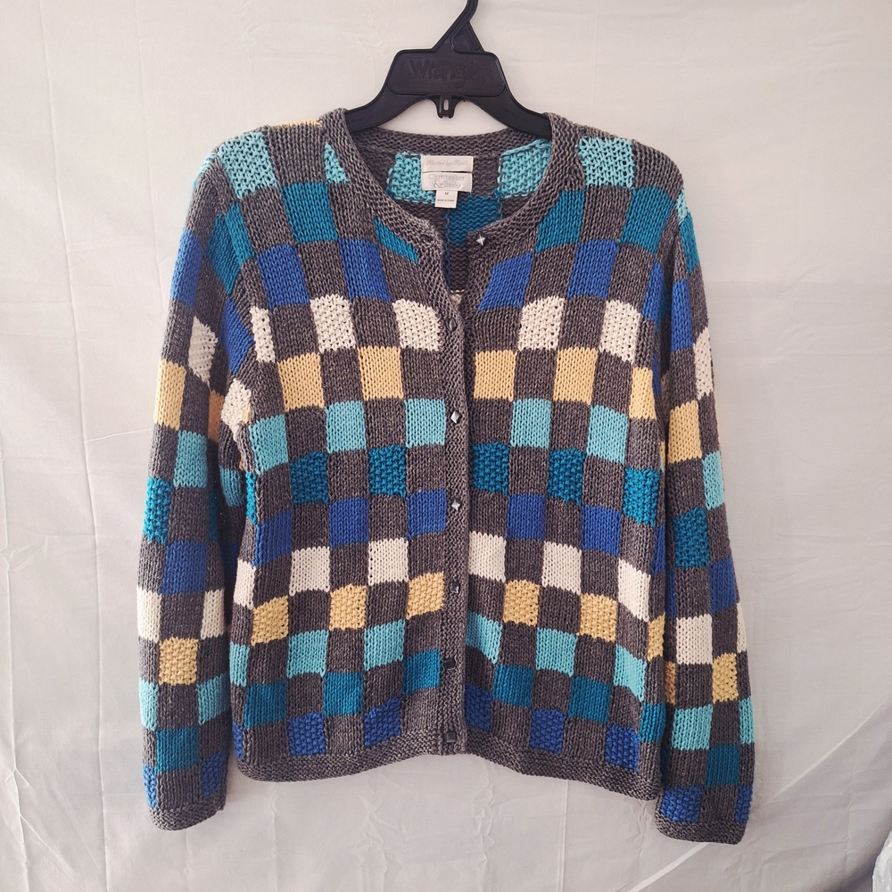 Vintage Women's Hand Knitted Checkered Christopher & Banks Cardigan Size M